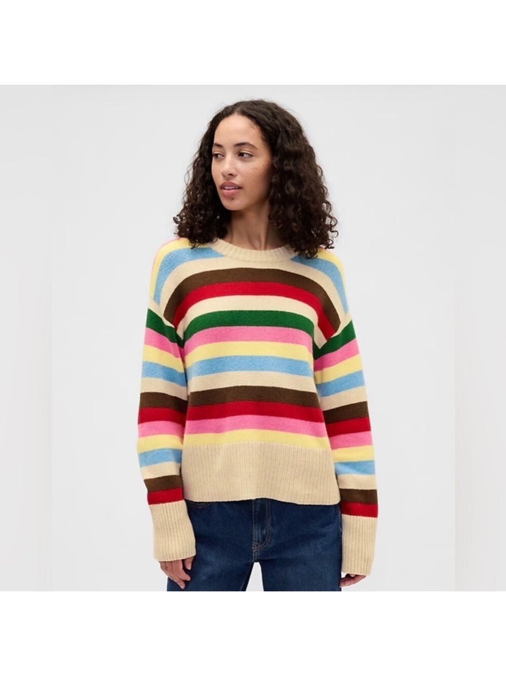 Gap Cozy Soft Cabincore Cashsoft Happy Stripe Relaxed Crewneck Tunic Sweater NWT